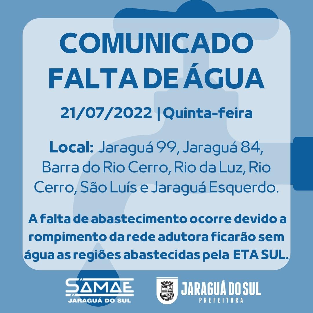 Comunicado Falta de Água Samae Jaraguá do Sul Comunicado Falta de Água Samae Jaraguá do Sul